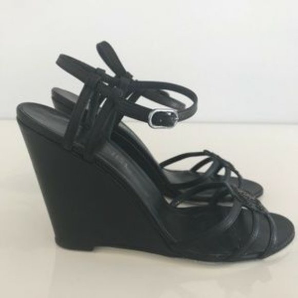 CHANEL BLACK LEATHER WEDGE SANDALS SIZE 8 - Picture 3 of 6